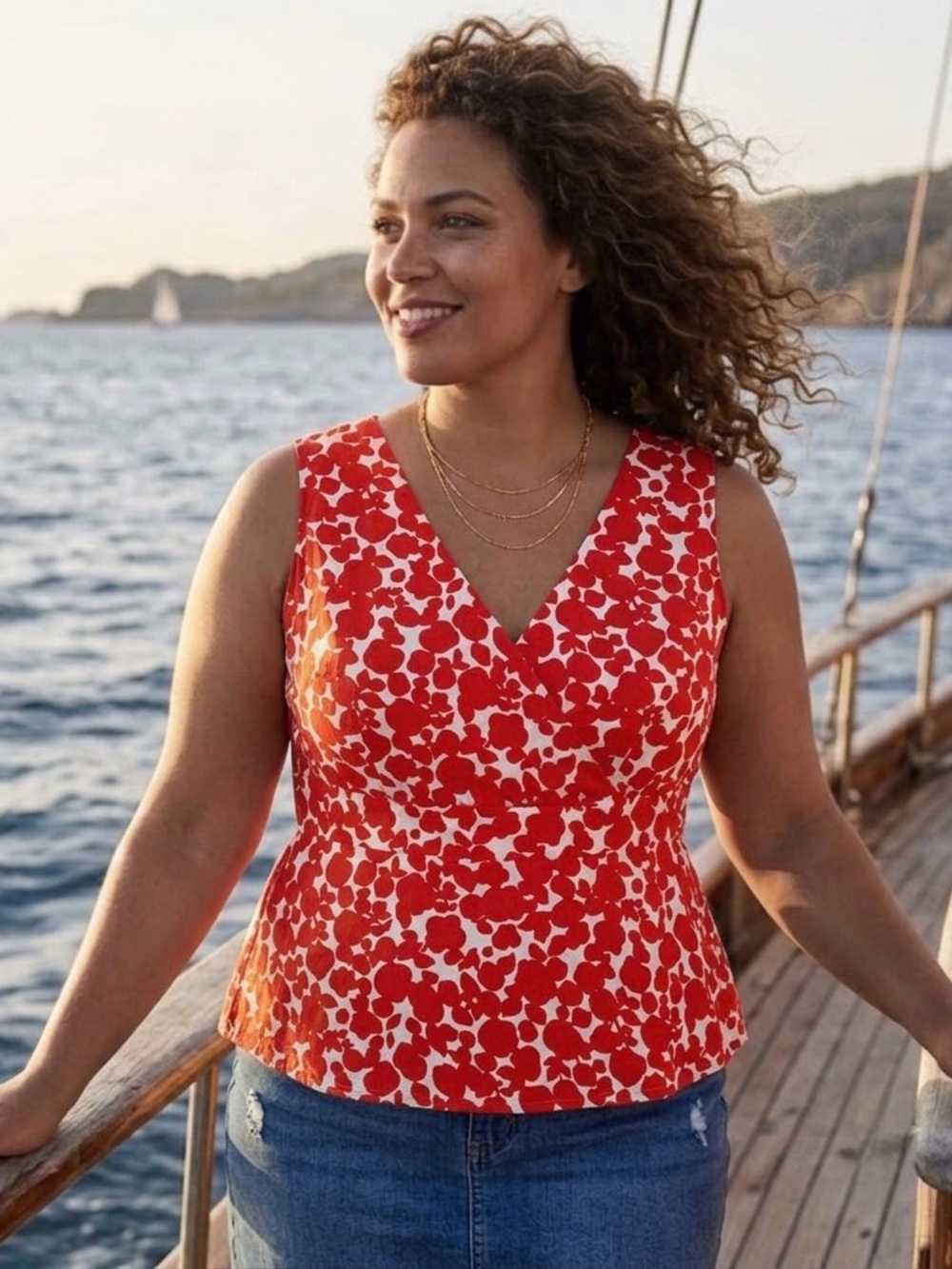 Boden Red Abstract Floral V-Neck Sleeveless Cotton Peplum Tank Top Sz US 16 Plus